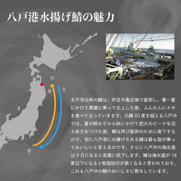 八戸漁港 味わい鯖八戸港水揚げ鯖の魅力太平洋沿岸の鯖は、伊豆半島近海で産卵し、春〜夏にかけて黒潮に乗って北上した後、ふんだんにエサを食べて太っていきます。北緯40度を超える八戸沖では、夏の終わりから秋にかけて肥大のピークを迎え体力をつけた後、鯖は再び産卵のために南下するので、旬に八戸港に水揚げされる鯖は最も脂が乗っておいしいと言えるのです。さらに八戸沖の海水温は9月になると急激に低下します。鯖は海水温が18度以下になると粗脂肪分が高くなると言われており、これも八戸沖の鯖のおいしさに寄与しています。